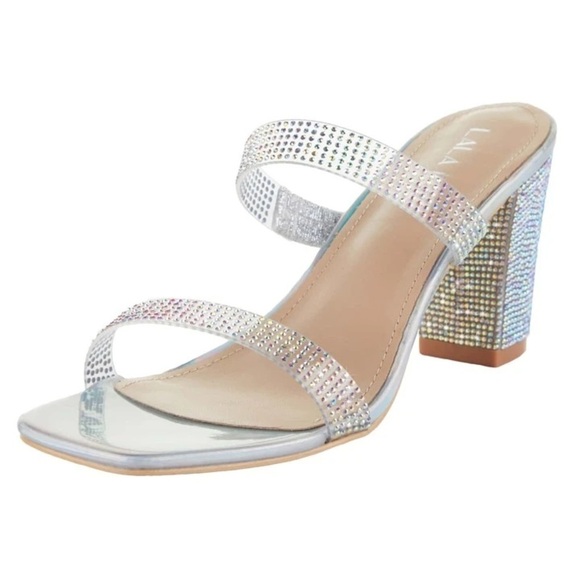 NWT LALA IKAI Women's Square Toe Heels, Sandals, Clear Straps With Rhinestones - Picture 4 of 15